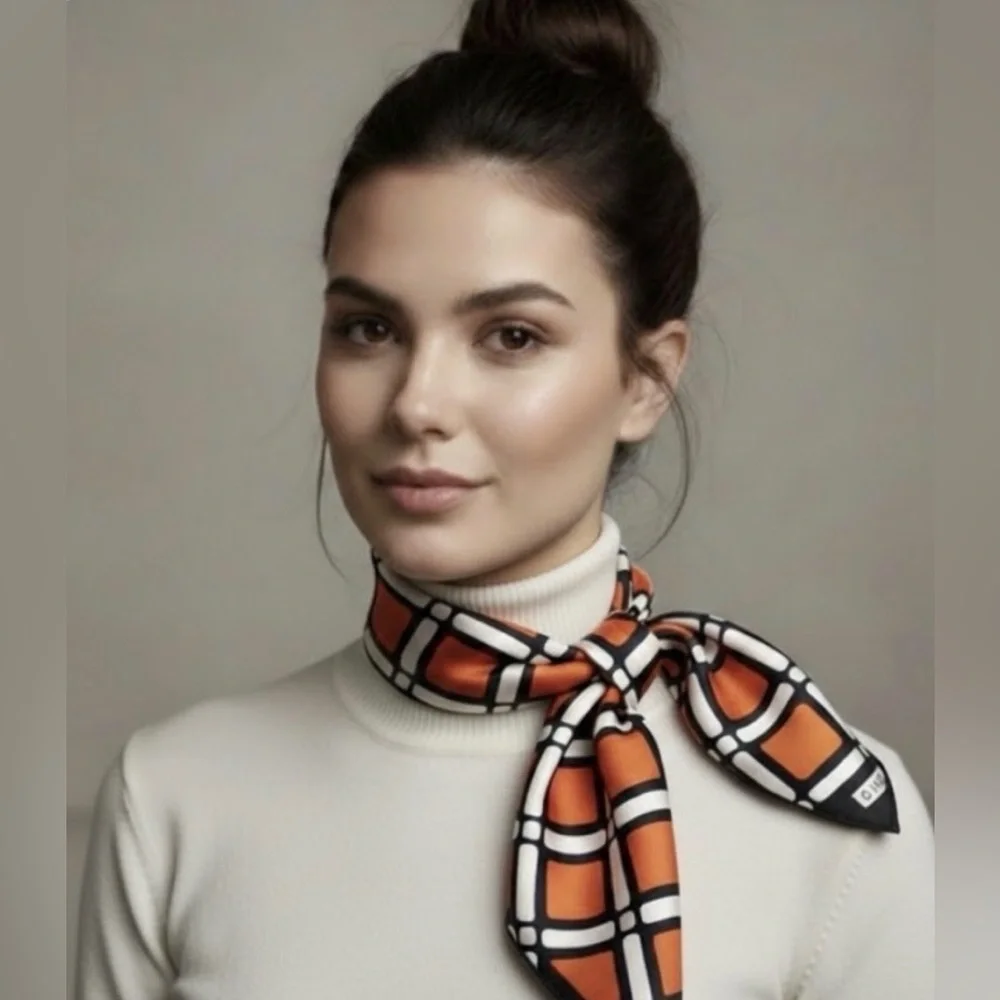 Vintage GIVENCHY Scarf - 100% Silk Orange & Black Block Scarf Saks Fifth Avenue
